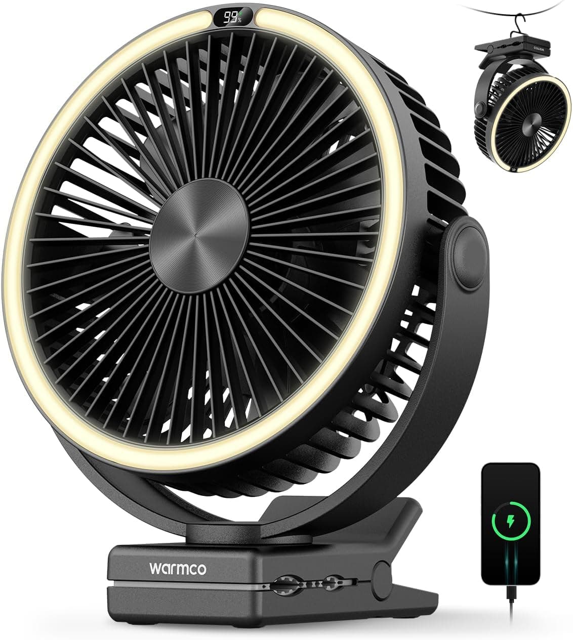 Warmco 15000mAh Clip on Fan with LED Light for Camping and Golf